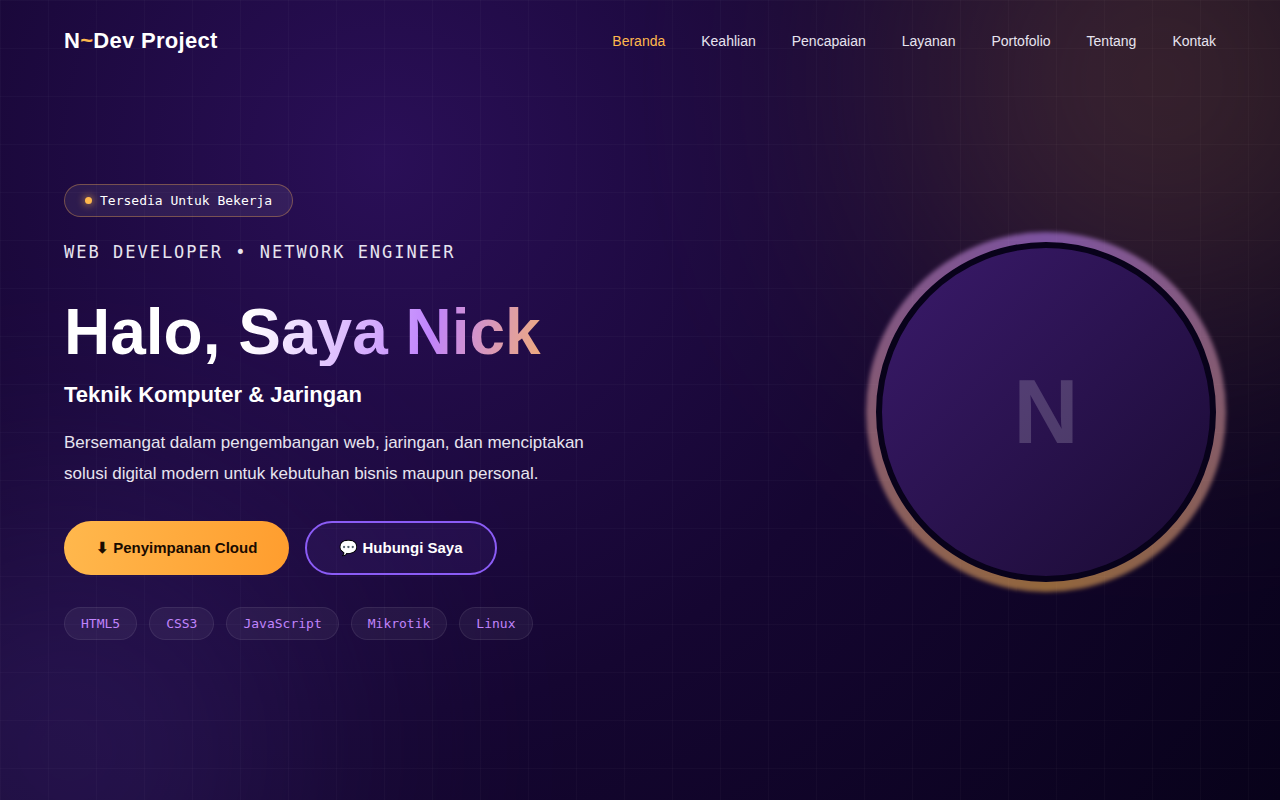Tampilan website portofolio N~Dev Project
